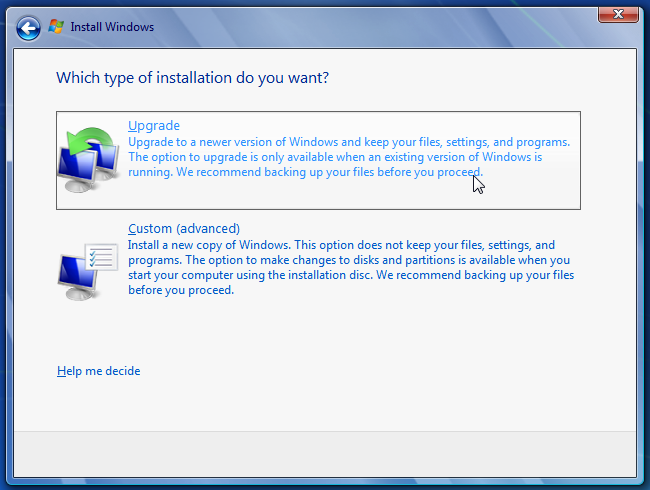 Windows 7 elige el tipo de actualización