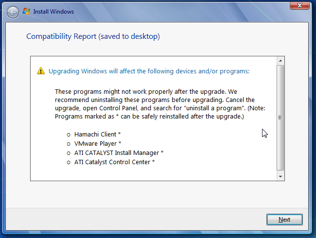 Informe de compatibilidad de actualización de Windows 7