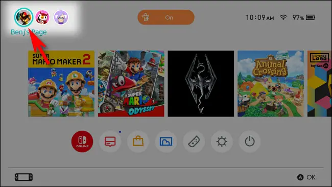 En la pantalla de inicio de Switch, seleccione el icono de su perfil de usuario.