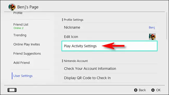 En la configuración de usuario de Nintendo Switch, selecciona "Configuración de actividad de juego".