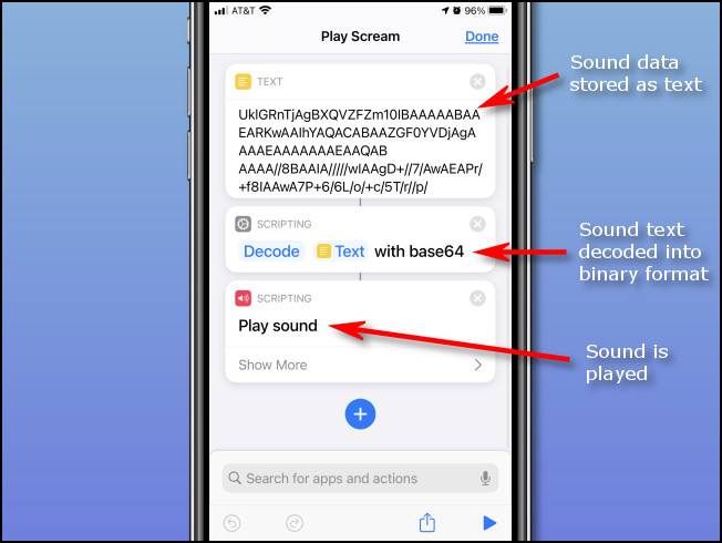 Una guía que muestra los pasos del código de acceso directo "Play Scream" en un iPhone.