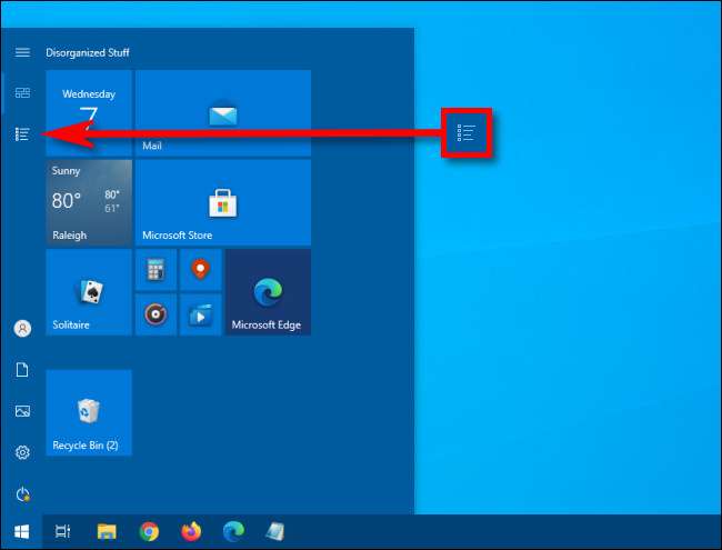 En el menú Inicio de Windows 10, haga clic en el botón Lista de aplicaciones.