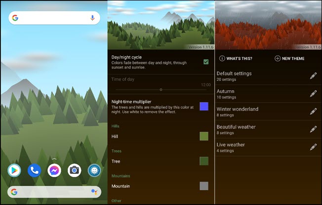 Tres fondos de pantalla de paisajes forestales en teléfonos inteligentes en la aplicación Forest Live Wallpaper.