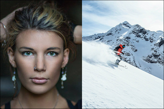 Un retrato de una mujer a la izquierda con poca profundidad de campo, y un esquiador bajando una montaña nevada con una gran profundidad de campo a la derecha.