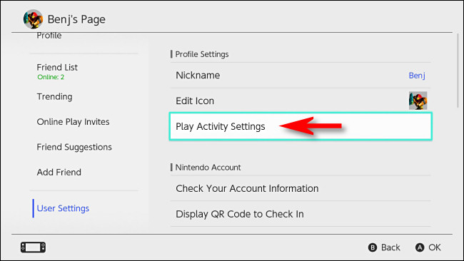 En la configuración de usuario de Nintendo Switch, selecciona "Configuración de actividad de juego".