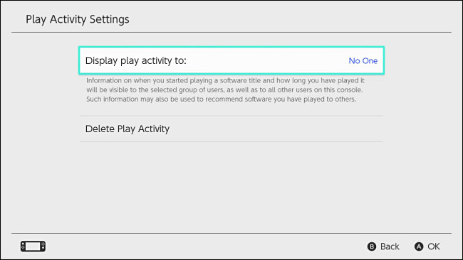 La configuración "Mostrar actividad de juego en" de Nintendo Switch está establecida en "Nadie".