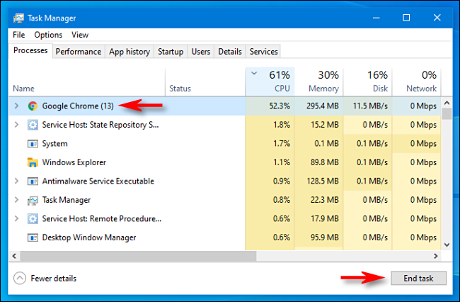 Seleccione el proceso en el Administrador de tareas y haga clic en "Finalizar tarea" en Windows 10.
