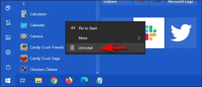En el menú Inicio de Windows 10, haga clic con el botón derecho en la aplicación y seleccione "Desinstalar".