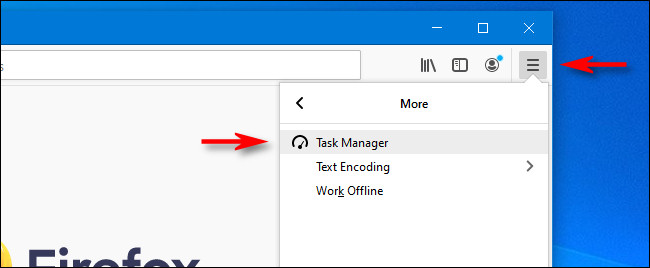 En Firefox, haz clic en el botón de hamburguesa, selecciona "Más" y luego haz clic en "Administrador de tareas".