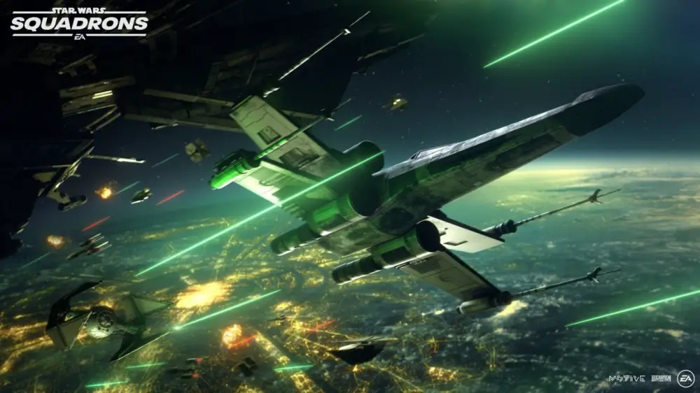 Un X-Wing volando lejos de un Tie Fighter en una batalla espacial