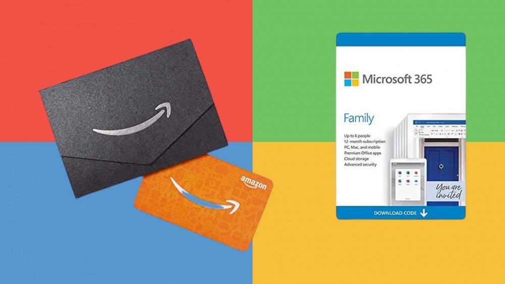 Tarjetas de regalo de Microsoft 365 Family y Amazon delante del logotipo de microsoft
