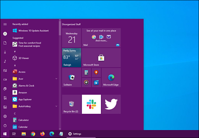 Un menú Inicio de Windows 10 con un color de acento agregado.