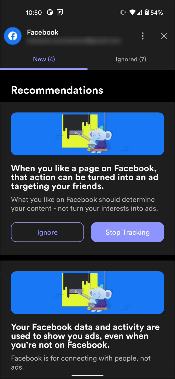 Una captura de pantalla de las opciones de Facebook de Jumbo Privacy