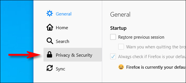 En Opciones de Firefox, haga clic en "Privacidad y seguridad" en el menú de la barra lateral.