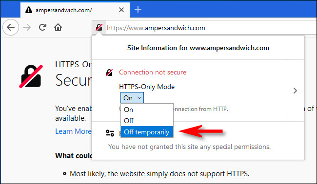 Después de hacer clic en el icono de candado en Firefox, seleccione "Desactivado temporalmente" en el menú desplegable Modo solo HTTPS.