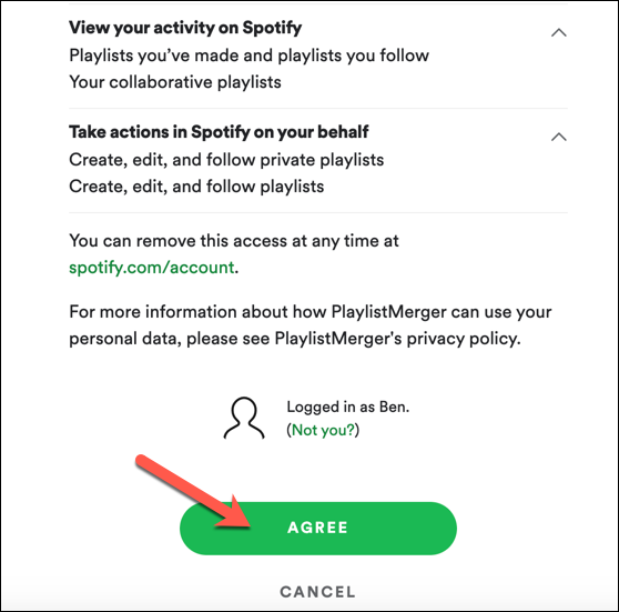 Presione "Aceptar" para permitir que Spotify Playlist Merger acceda a su cuenta de Spotify.