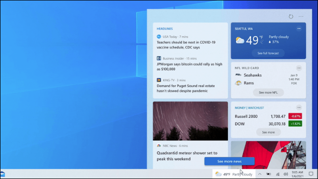 El panel Noticias y clima en la barra de tareas de Windows 10.