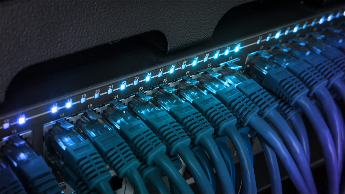 Foto de cables ethernet en un conmutador de red